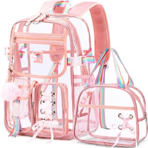 Bevalsa Clear Backpack for Girls, Transparent Backpack with Lunch Bag for Kids Elementary Middle High school Student, Heavy Duty See Through Clear Bookbag Stadium Approved (Pink)