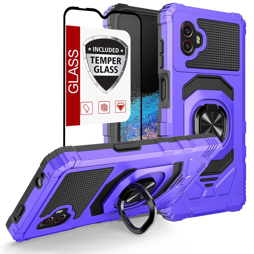 2 x for Galaxy XCover 6 Pro Case,Samsung Xcover 6 Pro case w/[Tempered Glass Screen Protector](Full Coverage) [Shockproof] Magnetic Car Mount [Ring Stand] Protective Cover for Women Man Purple Black