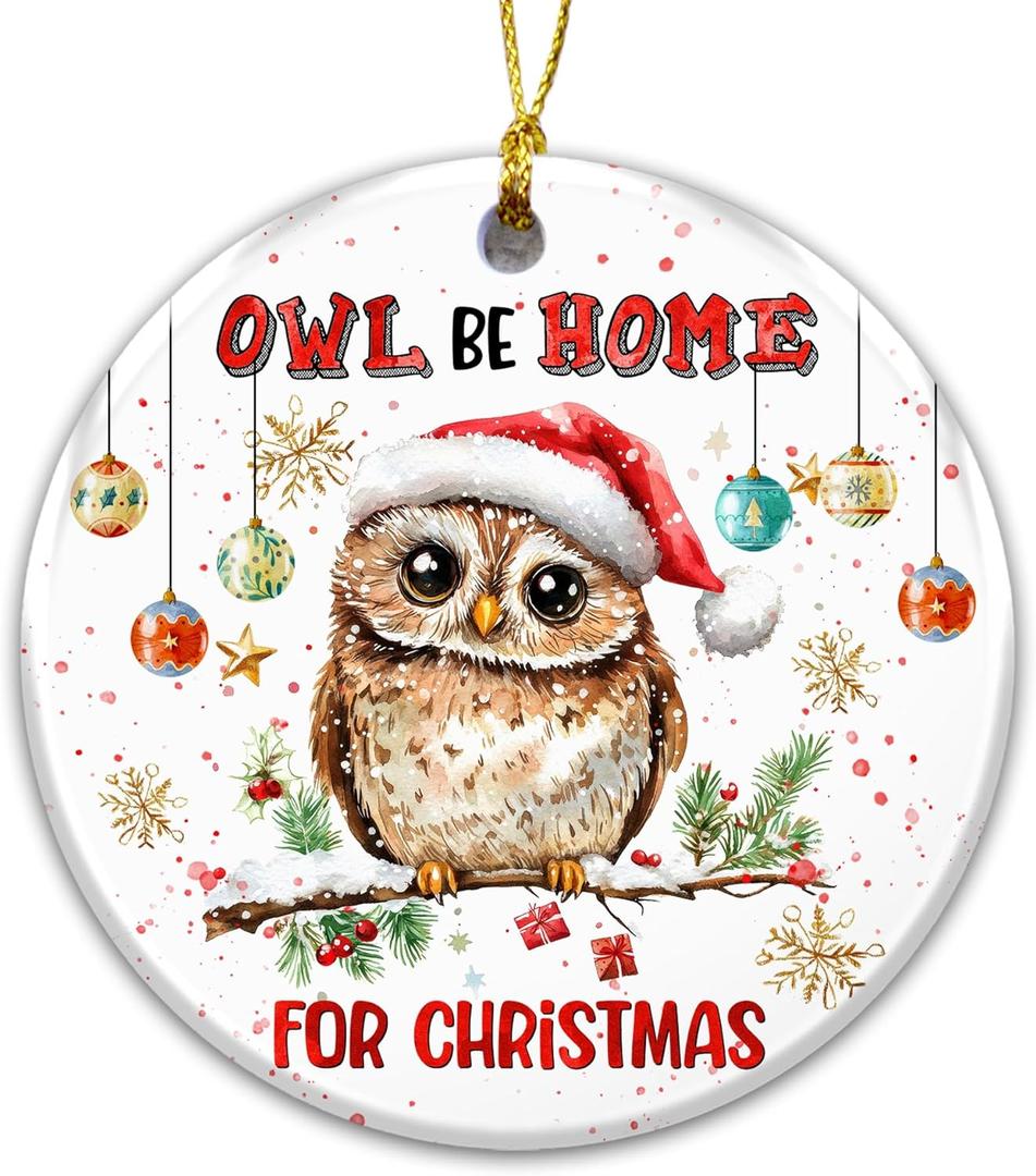 7 x Owl Be Home for Christmas Ornament 2025  Cute Owl Christmas Tree Decoration with Santa Hat, Holiday Pun Ornament, Funny Animal Lover Gift, Ceramic Keepsake Collectible