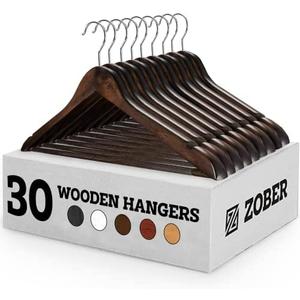 ZOBER 30 Pack, Heavy Duty, Non Slip Wooden Hangers for Coats, Jackets, Suits, & Pants - Clothes Hangers for Closet W/Bar and Notches