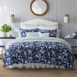 Laura Ashley- Queen Comforter Set, Cotton Reversible Bedding Set, Includes Matching Shams with Bonus Euro Shams & Throw Pillow Covers (Branch Toile Blue, Queen)