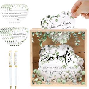 53 Pcs Wedding Card Boxes for Reception Greenery Holder Box 50 Advice and Wishes Card 2 Ballpoint Pens Wedding Wishes Set for Reception Bridal Shower