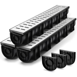 Amylove 3 Sets Channel Drain 39.4 x 5.9 x 5.1 Inches, Trench Drain System Garage Floor Drainage Trench with 3 Stainless Steel Drainage Grates and 3 Plastic End Caps for Pool Driveway, Black