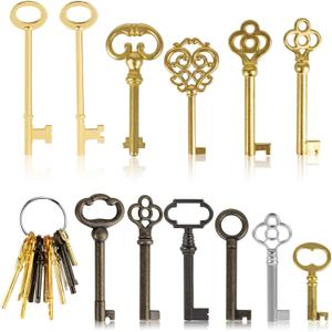12-Pack Skeleton Keys Set, Universal Hollow and Solid Brass Skeleton Key for Old Style Furniture Door, Antique Dresser, Vintage Clocks, Chinese Cabinets Locks, Decoration for Antique Furniture