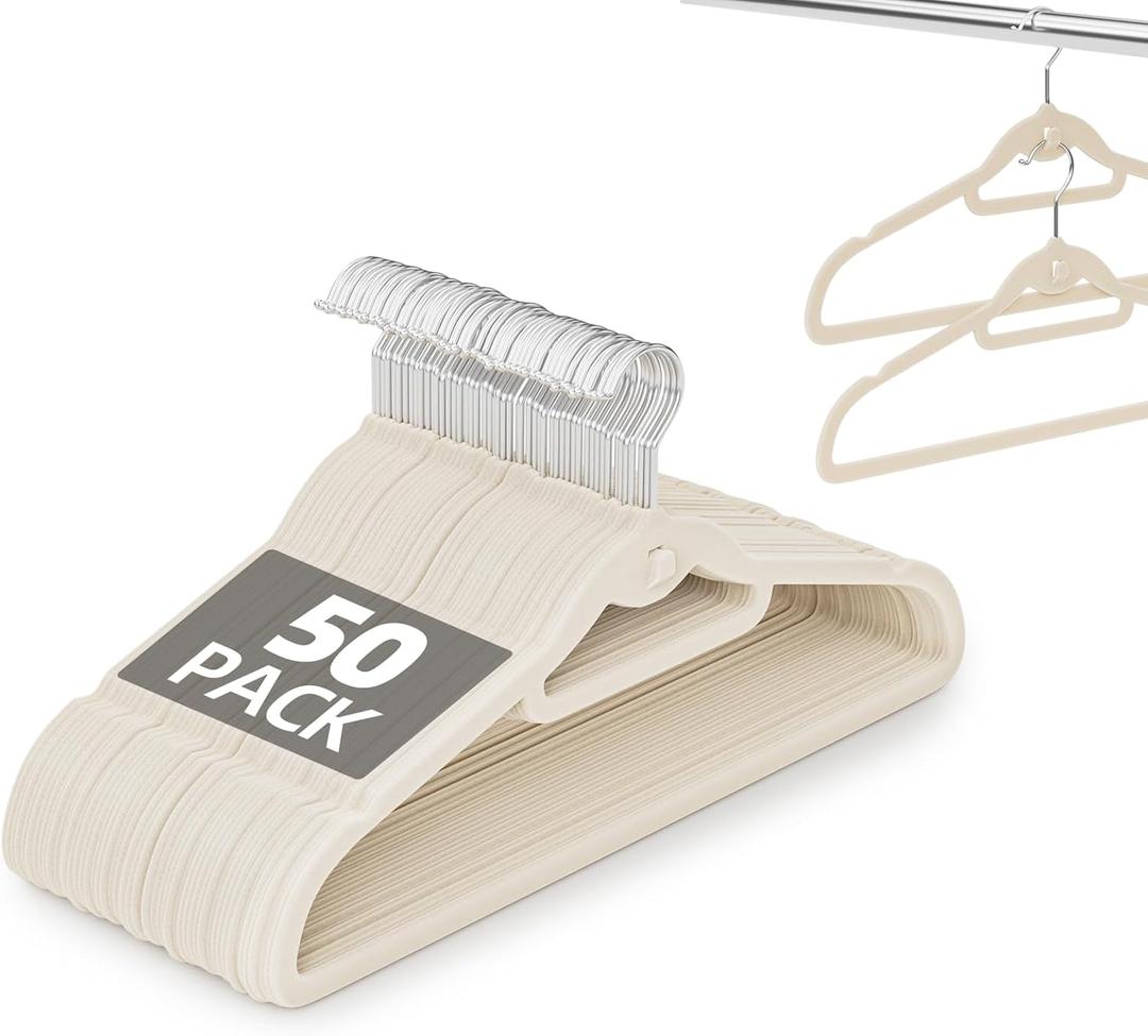 Velvet Hangers 50 Pack, Non Slip Stackable Clothes Hangers with Cascading Hooks, Ultra Thin and Space Saving Felt Hangers with Tie Bar, 360 Swivel Hooks, Heavy Duty for Suit Coat Shirt Pant- Ivory
