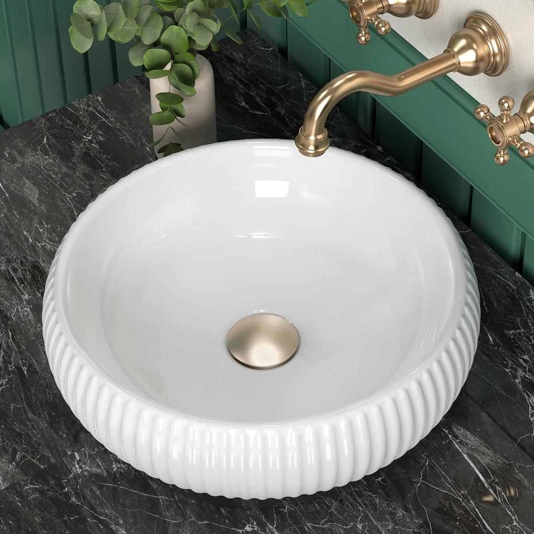 Bathroom Vessel Sink above Counter, Bowl Sinks for Bathroom, Countertop White Bathroom Sink 16.4" for Cabinet Lavatory Vanity Porcelain Ceramic, CBS131, 16.5" x 16.5"