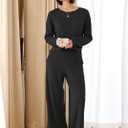 Panadila Womens Oversized Lounge Sets 2 Piece Matching Pajama Sets Long Sleeve Crop Top and Wide Leg Pants with Pockets (Black, L)