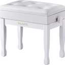 Adjustable Height Piano Bench Stool PU Leather Cushion Wooden Keyboard Seat with Music Storage (White)
