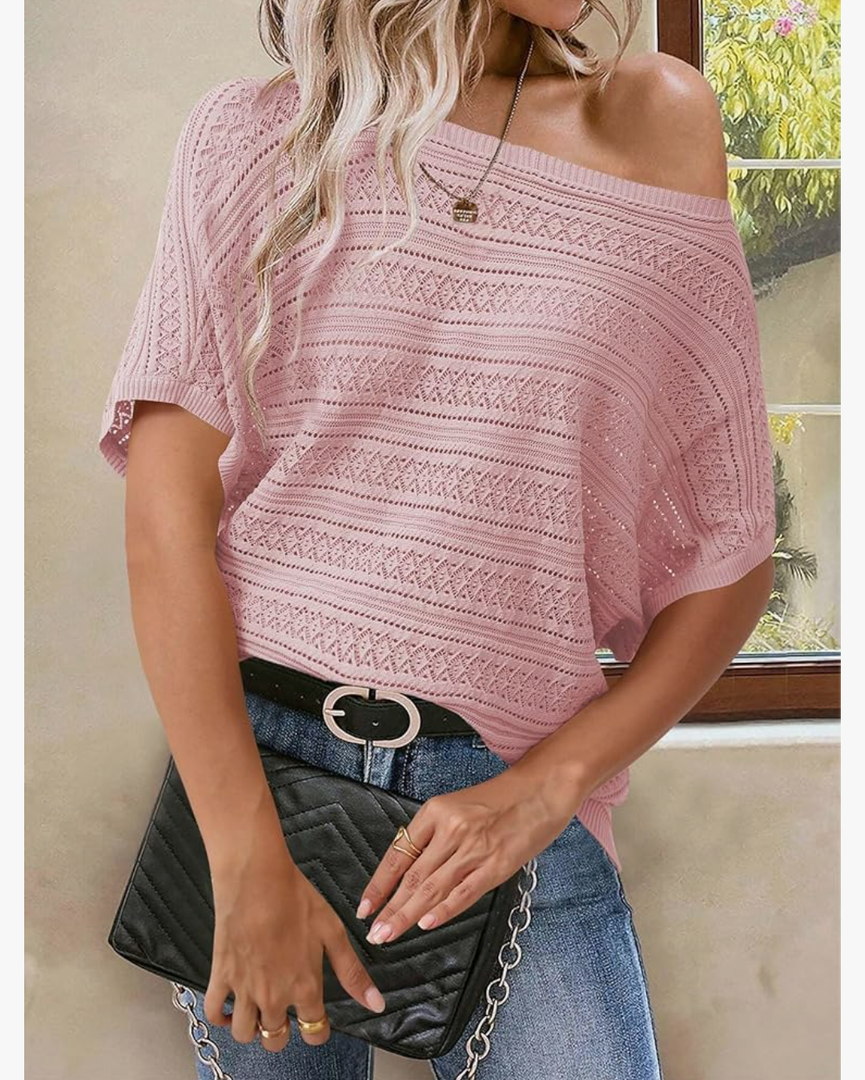 Cakulo Womens Summer Crochet Tops Hollow Out Off The Shoulder Short Sleeve Batwing Knit Spring Sweater Top 2025, Size Medium, Pink 