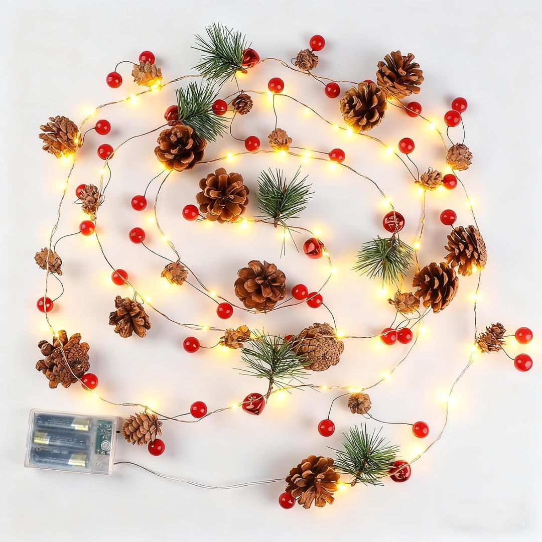 9.8Ft Christmas Pine Cone String Lights with Red Berries, Bells & Needles 30 LED Battery Operated Prelit Garland for Christmas Home Table Holiday Indoor/Outdoor Decorations