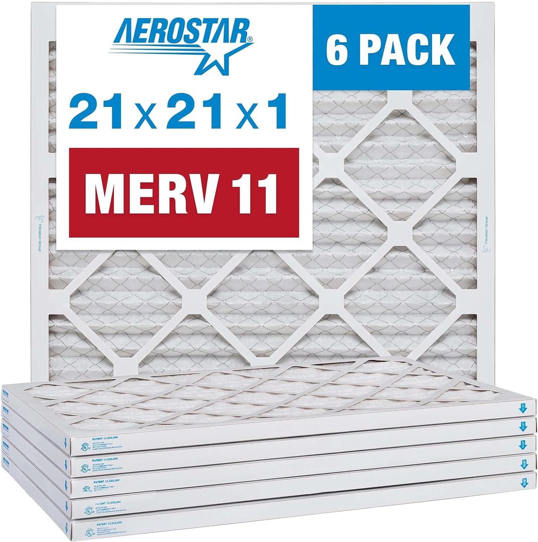 Aerostar 21x21x1 MERV 11 - 6 Count - Pleated HVAC, Furnace & Air Conditioner Filters - Removes Dust, Cold & Flu Germs, Lint, Mold, Pet Dander, Allergy-Causing Pollen, Smog & Smoke
