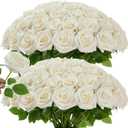 120 Pcs White Rose Artificial Flowers Bulk, Ivory Silk Fake Roses with Long Stem for Wedding Decoration, Bridal Bouquets, DIY Flower Wall, Party Table Centerpieces, Home Decor