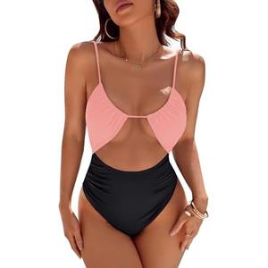 Blooming Jelly Womens One Piece Swimsuit Tummy Control Bathing Suit Sexy Flattering Cheeky High Cut Out Cute Ladies Swimwear, Light Pink and Black, L