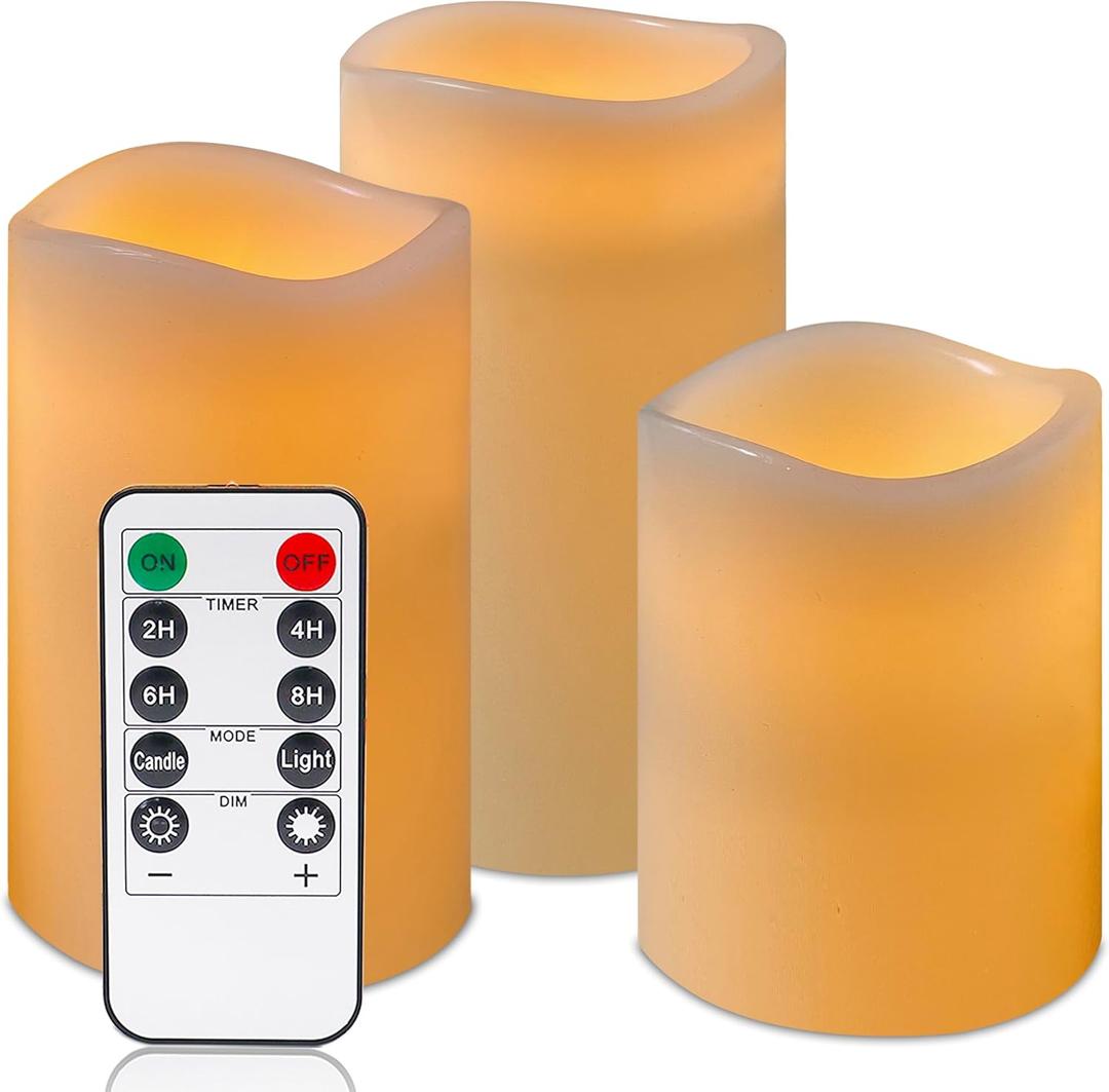 Flameless Candles, LED Candles, Battery Operated Candles with Remote and Timers, Electric Pillar Candles Real Wax, D3 x H 4" 5" 6"Ivory