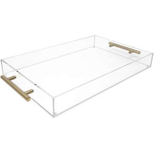 Isaac Jacobs Clear Acrylic Serving Tray (11x17) with Gold Metal Handles, Spill-Proof, Stackable Organizer, Food & Drinks Server, Indoors/Outdoors, Lucite Storage Dcor (11x17, Clear with Gold Handle)