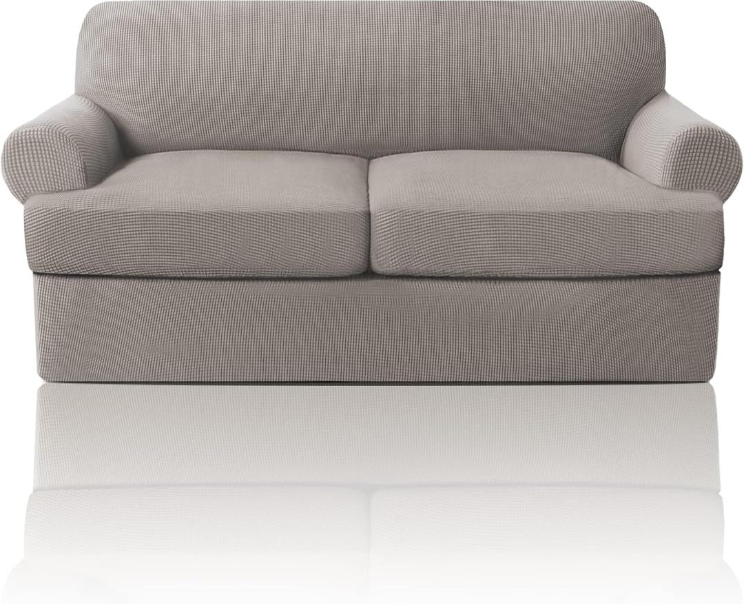 PrinceDeco T Cushion Loveseat Slipcover 3 Pieces Sofa Covers for T Cushion Sofa Stretch Slip Covers for 2 Cushion Couch with 2 Individual T Shape Seat Covers Width Up to 76" -Washable, Taupe