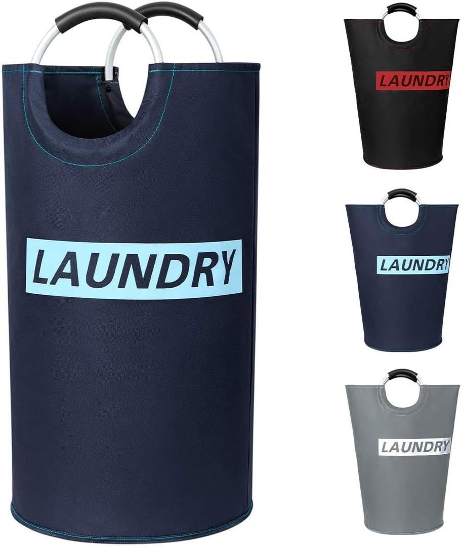 ZERO JET LAG 82L Large Laundry Basket Collapsible Fabric Hamper Tall Foldable Laundry Bag Handles Waterproof Washing Bin Clothes Travel Bathroom College Essentials Storage (Dark & Light Blue, L)