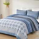 WONGS BEDDING Boho Quilt Set King, Blue Bohemian Striped Patchwork Bedspread Coverlet Set with 2 Pillowcases,Lightweight Microfiber Floral Bedding Set 104"90"