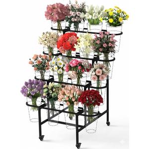 4 Tier Flower Display Stand, Metal Flower Bar Stand for Fresh Flowers Without 16pcs Buckets, Heavy Duty Garden Flower Cart Display Stand with Wheels