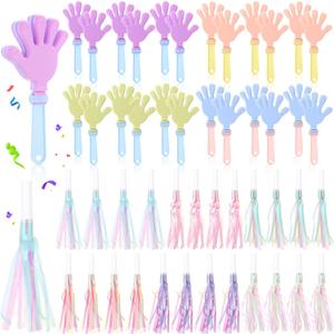 Lenwen 48 Pieces Pink Mermaid Party Noise Makers 24 Hand Clapper Noisemakers 24 Glitter Metallic Fringed Tassel Party Horns for Birthday Sporting Events Adults Carnival Games Rewards Cheer Supplies