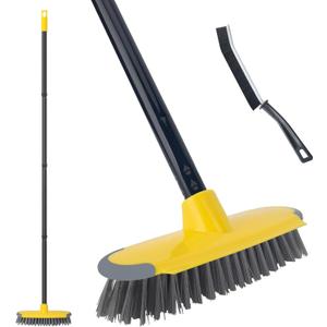 Deck Brush with Long Handle, Floor Scrub Broom for Shower, 50'' Outdoor Scrubber for Carpet, Boat, Patio, Garage, Concrete Cleaning (Yellow)