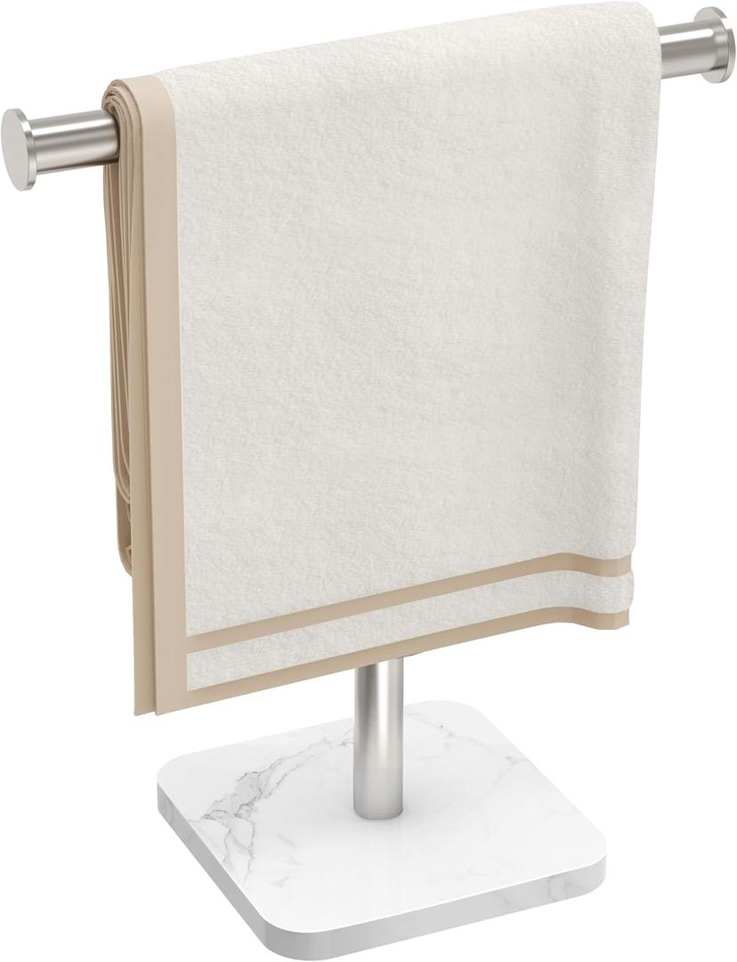 RUACQ Hand Towel Holder, T-Shape Free Standing Hand Towel Holder Stand with Marble Base, 304 Stainless Steel Hand Towel Stand for Bathroom Kitchen Vanity Countertop(Brushed Nickel)