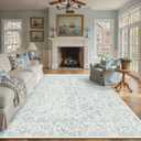PureCozy 8x10 Softer Blue Area Rug Non Slip Large Vintage Living Room Distressed Machine Washable Carpet Traditional Indoor Bedroom Blue Retro Floral Accent Throw Rug for Office Kitchen Dining Room