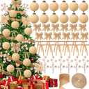 Wettarn 53 Pcs Christmas Velvet Ornaments Kit Include 15 3.15" Velvet Balls, 30 Bows (Wide & Narrow), 1 Wide & 1 Narrow Ribbon (5 yds Each), 6 Flocked Ball Picks for Xmas Decor (Beige)