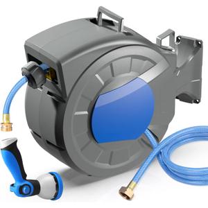 Retractable Garden Hose Reel Wall Mount 1/2" x 100 ft + 6.5 ft Water Hose Reel for Outside with 10 Pattern Nozzle, Automatic Slow Rewind System/Lock Any Length/180Swivel