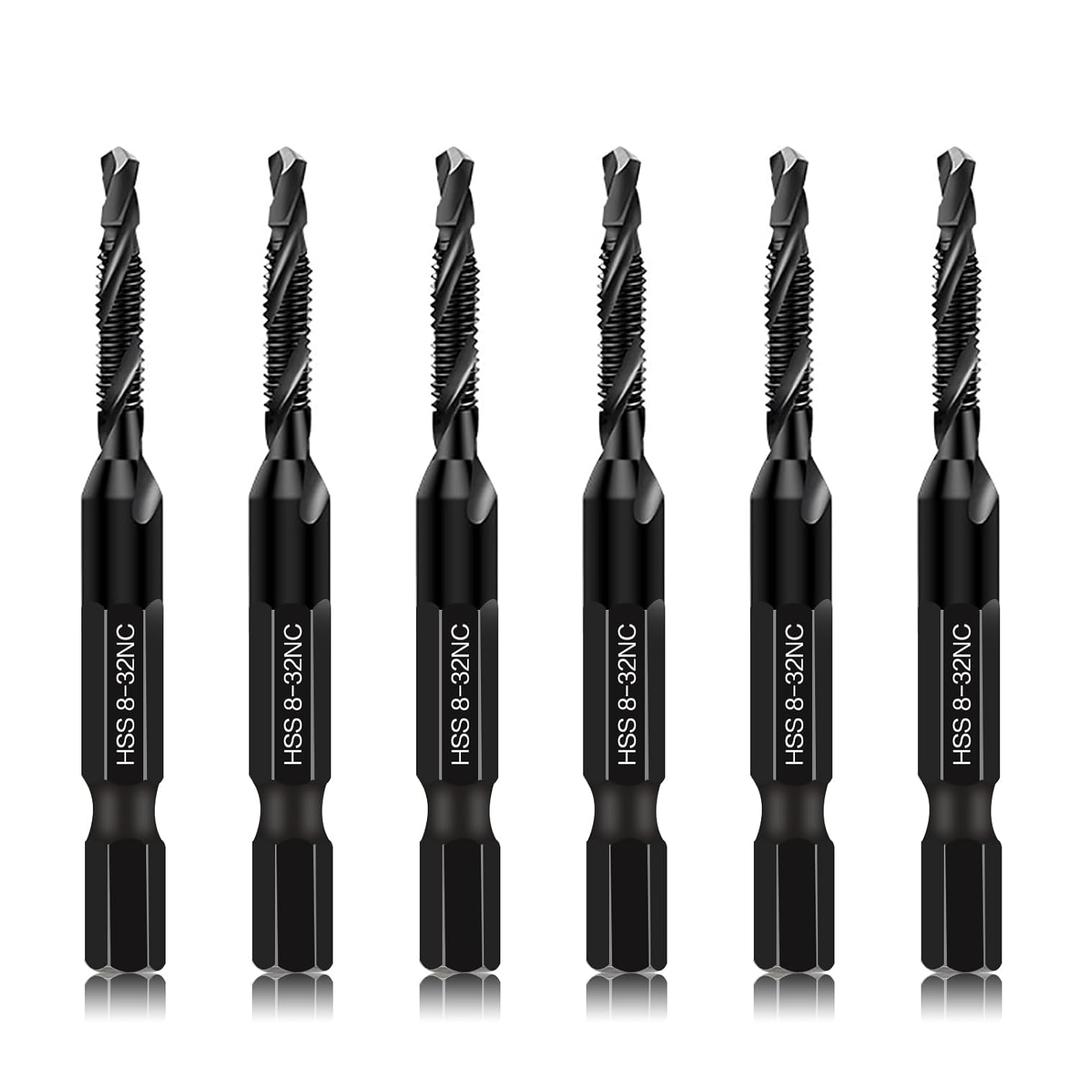 6-Piece 8-32NC Combination Drill Tap Countersink Bit Set SAE, Made of High-Speed Steel with Anti-Rust Blackened Coating, Ideal for Soft Metal, Wood & Plastic, 8-32NC Thread Size, 1/4 Hex Shank