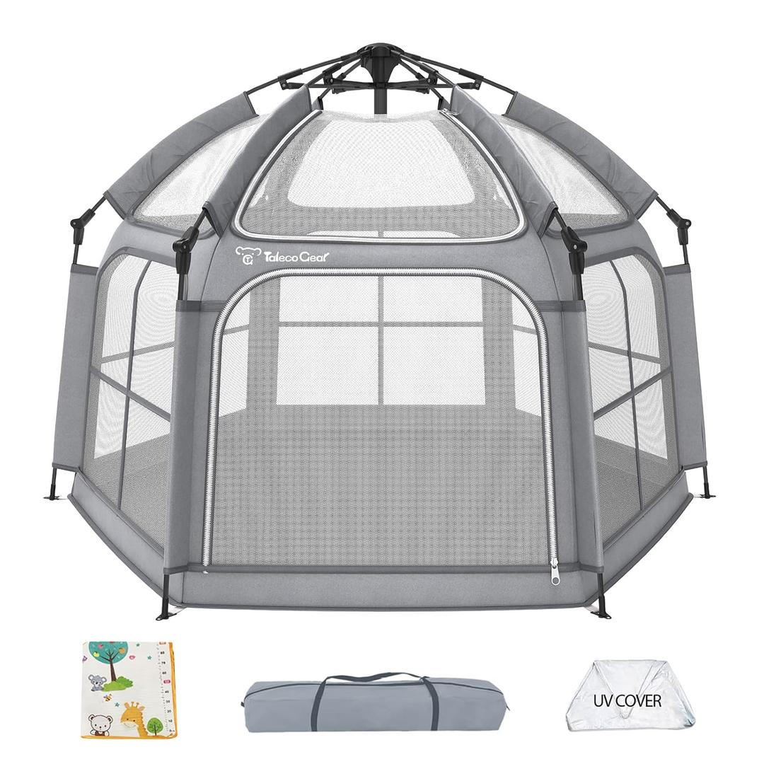 Baby Playpen with Canopy - Instant Pop-Up Portable Play Yard with Mat for Infants & Toddlers, Lightweight Foldable Indoor Outdoor Playpen Tent for Beach Camping Travel, Includes Carry Bag & Anchors