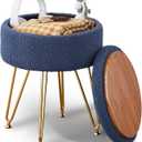 Wimarsbon Storage Ottoman,Teddy Velvet Vanity Stool,Soft Padded Seat,Round Footrest with Removable Cover and Adjustable Legs,Modern Decorative Accent Footstool or End Table for Hallway (Grey-Blue)
