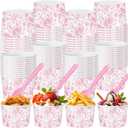 Honeydak 48 Set Floral Paper Ice Cream Cups 9 oz Disposable Treat Snack Cups with Spoons Dessert Bowls for Sundae Frozen Yogurt Soup Birthday Bridal Shower Wedding Party(Pink)