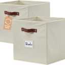 DECOMOMO Storage Bins, Cube Storage Bin with Labels, Fabric Storage Cubes for Shelves (10.5" x 11" / 2pcs, Beige)