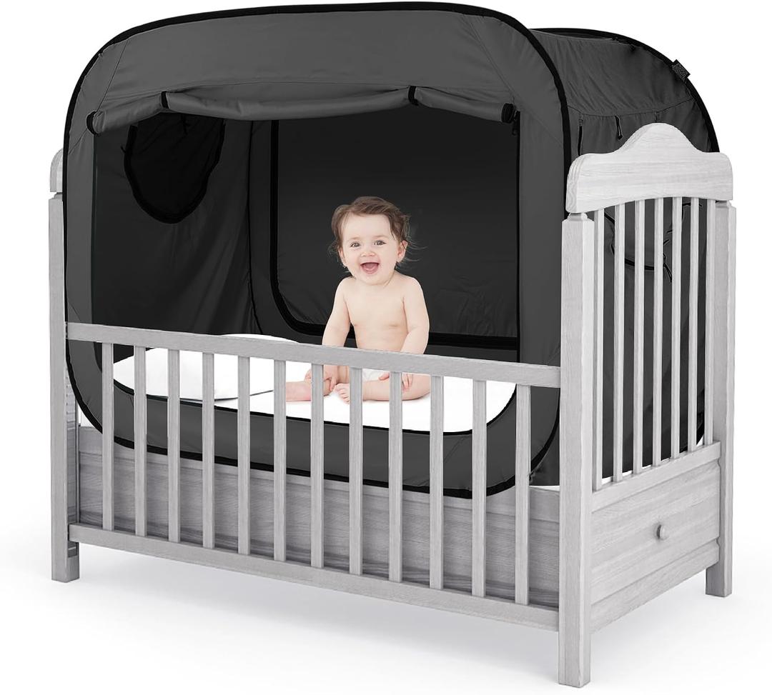 Poray Pop up Baby Privacy Bed Tent Sleeping Crib Tent Cover for Toddler,Blocks 80% Light with Monitor and Fan Pouch Design with Zipper Doors,Breathable Mesh Windows