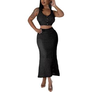 Women Plus Two-Piece Skirt Set Tassel Fishing Net Knittin Hollow Out Off Shoulder Beach Dresses Swimsuit Cover Ups (X-Large Plus, Black)