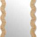 Junkin Boho Scalloped Rattan Mirror Decorative Natural Wicker Wall Mirror with Rattan Frame Boho Coastal Decor for Bathroom Living Room, Entryway Decor(Rectangle,10.4 x 15.8 in)