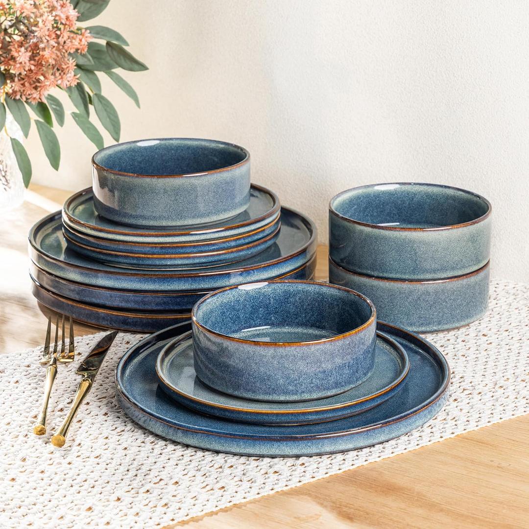 AmorArc Ceramic Dinnerware Sets, Handmade Reactive Glaze Stoneware Plates and Bowls Sets,Highly Chip and Crack Resistant | Dishwasher & Microwave Safe Dishes Set, Service for 4 (12pc) (Ceylon Blue)