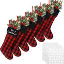 Tatuo 6 Pack Christmas Burlap Buffalo Plaid Stockings Large 18" Xmas Stockings with 6 Letter Adhesive Vinyl Sticker Christmas Tree Hanging Decorations Xmas Party Supplies(Black and Red)