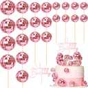 Teenyyou 24 Pcs Disco Ball Cupcake Toppers Happy Birthday Cake Topper 1970s Retro Cake Decorations Shiny Pink Mini Disco Ball Toppers for 70s 80s Theme Party Supplies(Pink)