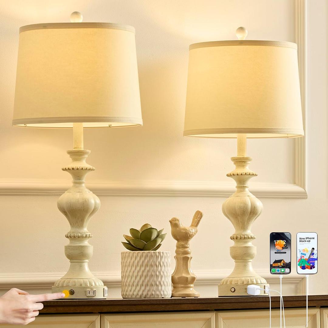 27.5" Farmhouse Table Lamps Set of 2 Bedside Nightstand Lamp with USB C+A Ports & AC Outlet, 3 Way Dimmable Touch Lamps for Bedroom Living Room Office Rustic Lamp (White Gold)