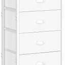 sthmec Nightstand with Charging Station,LED White Nightstands with 5 Fabric Drawers PU Finish, Bedside End Tables, 2-Tier Open Storage Shelf Side Table Nightstand with Drawers for Bedroom,White