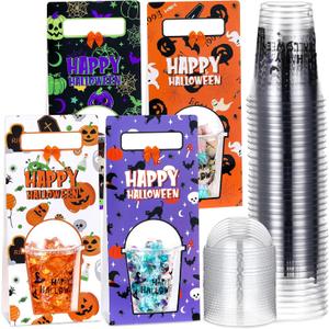 Sunnychicc 25 Pcs Halloween Disposable Cups with Lids 12oz Pumpkin Cup Cartoon Printed Party Tumbler for Treat Candy Halloween Party Favors Supplies Props