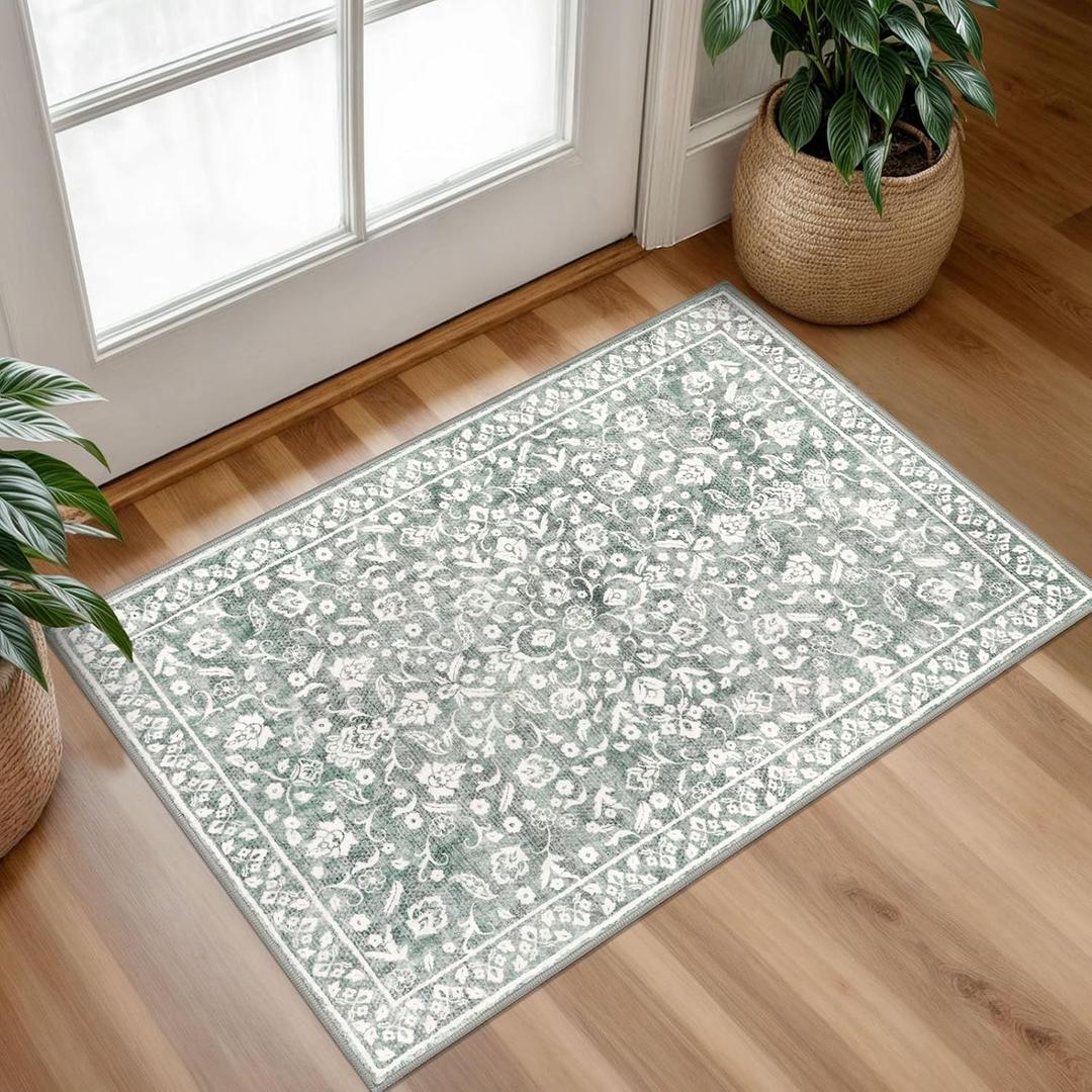 Vintage Washable Rug 2x3, Sage Green Grey Small Area Rugs for Entryway, Floral Super Soft Kitchen Rugs, Low-Pile Throw Rugs Indoor Door Mat Thin Print Faux Wool Carpet for Entrance, Office