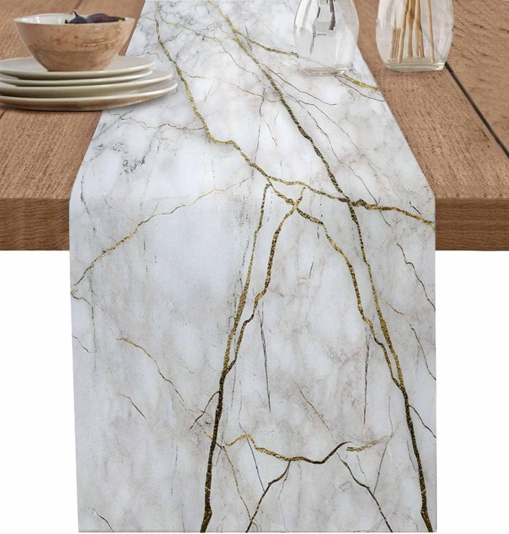 Marble Table Runner-Cotton Linen-Long 120 inches White Gray Gold Dresser Scarves, Texture Table Runner for Kitchen Coffee/Dining/Sofa/End Table Bedroom Home Living Room, Scarves Decor for Holiday Dinner