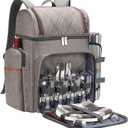 Picnic Backpack for 4, Picnic Basket Set, Leakproof Picnic Bag, Beach Cooler Backpack with Insulated Cooler Pouch, Picnic Blanket, Double Deck Picnic Backpack for Beach, Camping, Park(Brushed Khaki)