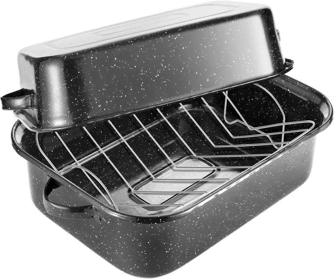 QPMR Roasting Pan with Rack, 21 Rectangular Granite Roaster Pan, 25lb Capacity, Large Roaster Pot for Baking Turkey with Versatile Lid