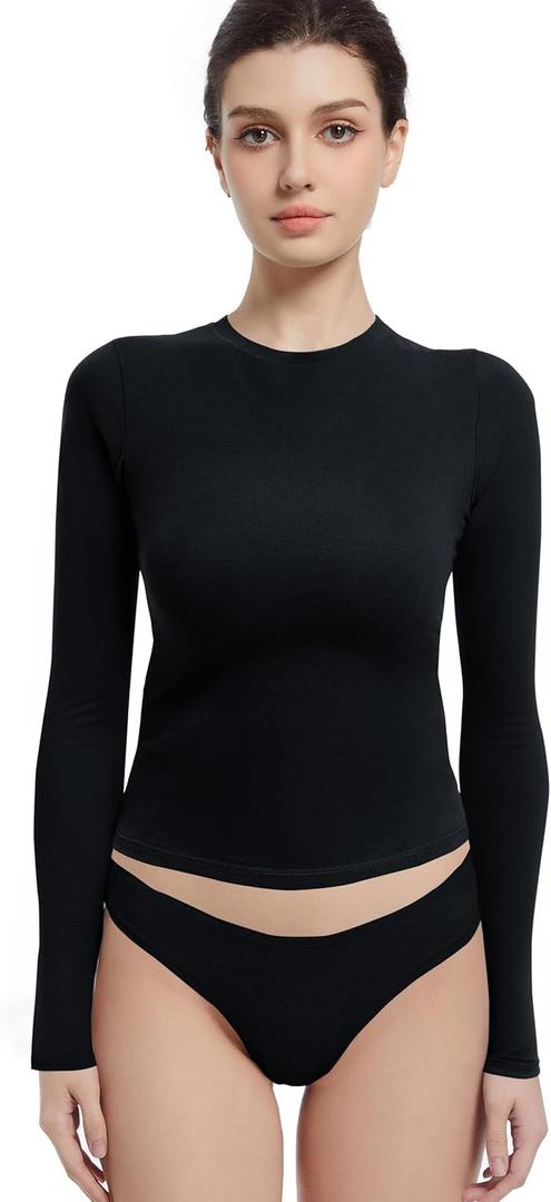 Long Sleeve Shirts for Women Crewneck Basic Tees T Shirts Fitted Crop Tops Y2k Going Out Tops (X-Small, Black)