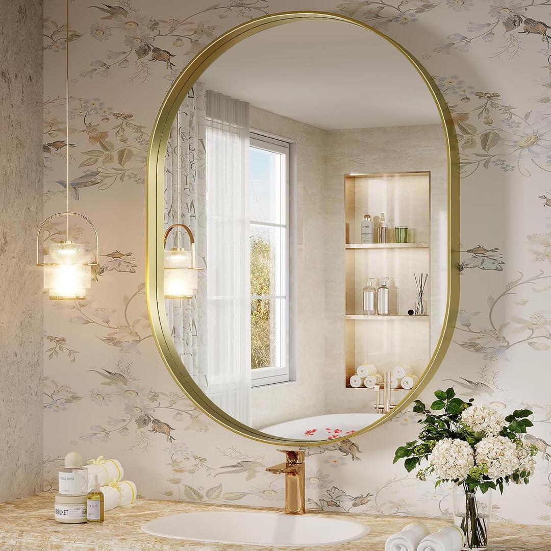 Oval Mirror, 24"32" Gold Bathroom Mirror, Oval Mirror for Bathroom, Gold Vanity Mirror for Wall, Entryway, Living Room, Wall Mount Mirrors Hangs Vertical or Horizontal