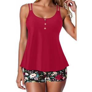 Women Tankini Swimsuit with Shorts - Flowy Two Piece Swimsuits Tummy Control Bathing Suits 2025 Swimwear (Medium, Red and Floral)